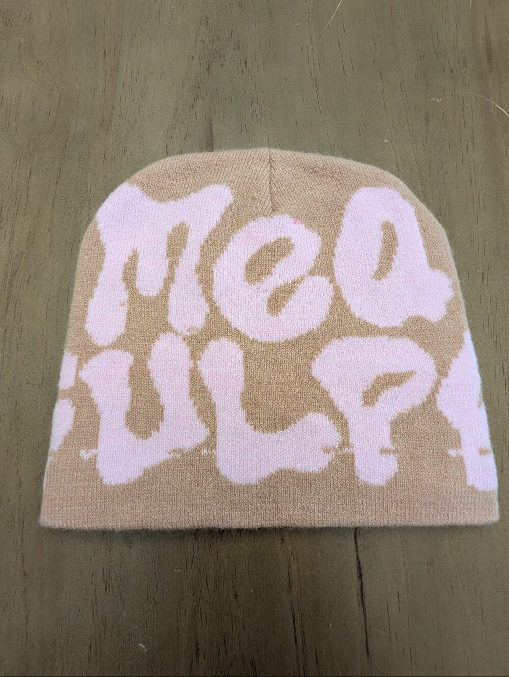 Mea Culpa Y2K Beanie Pink and Tan Graphic Beanie Hat Nwot